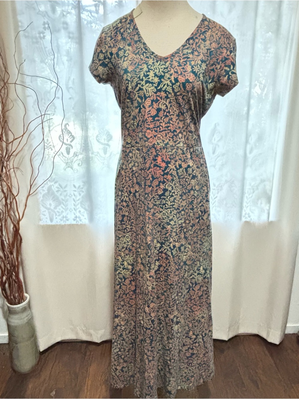 Peruvian Connection Maxi Dress with Pockets-Coral and Green Batik Print size M